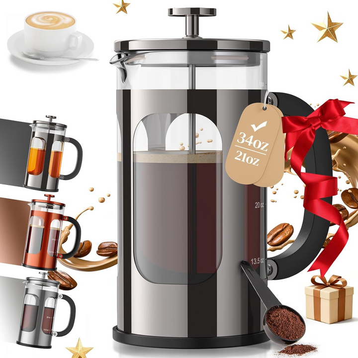 34oz Premium Glass & Stainless Steel French Press Coffee Maker for Home, Travel & Camping