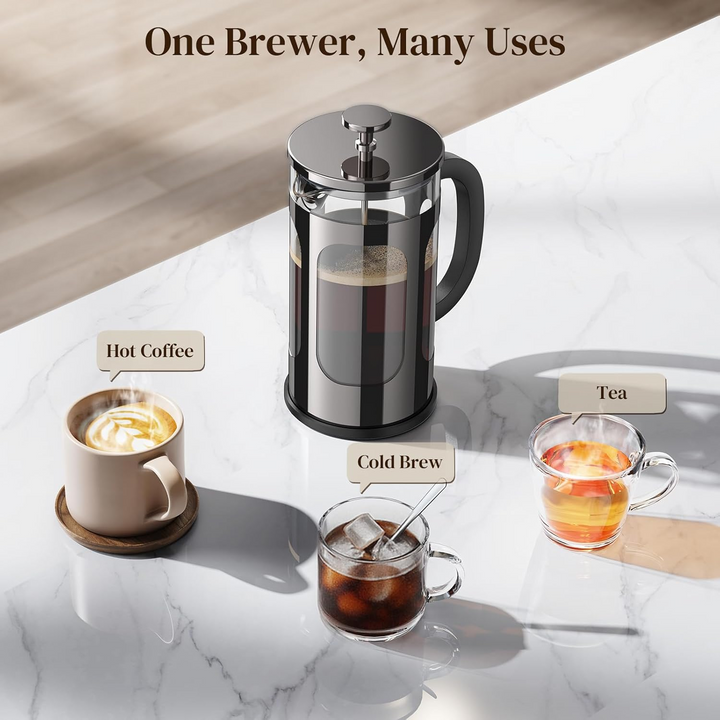 34oz Premium Glass & Stainless Steel French Press Coffee Maker for Home, Travel & Camping