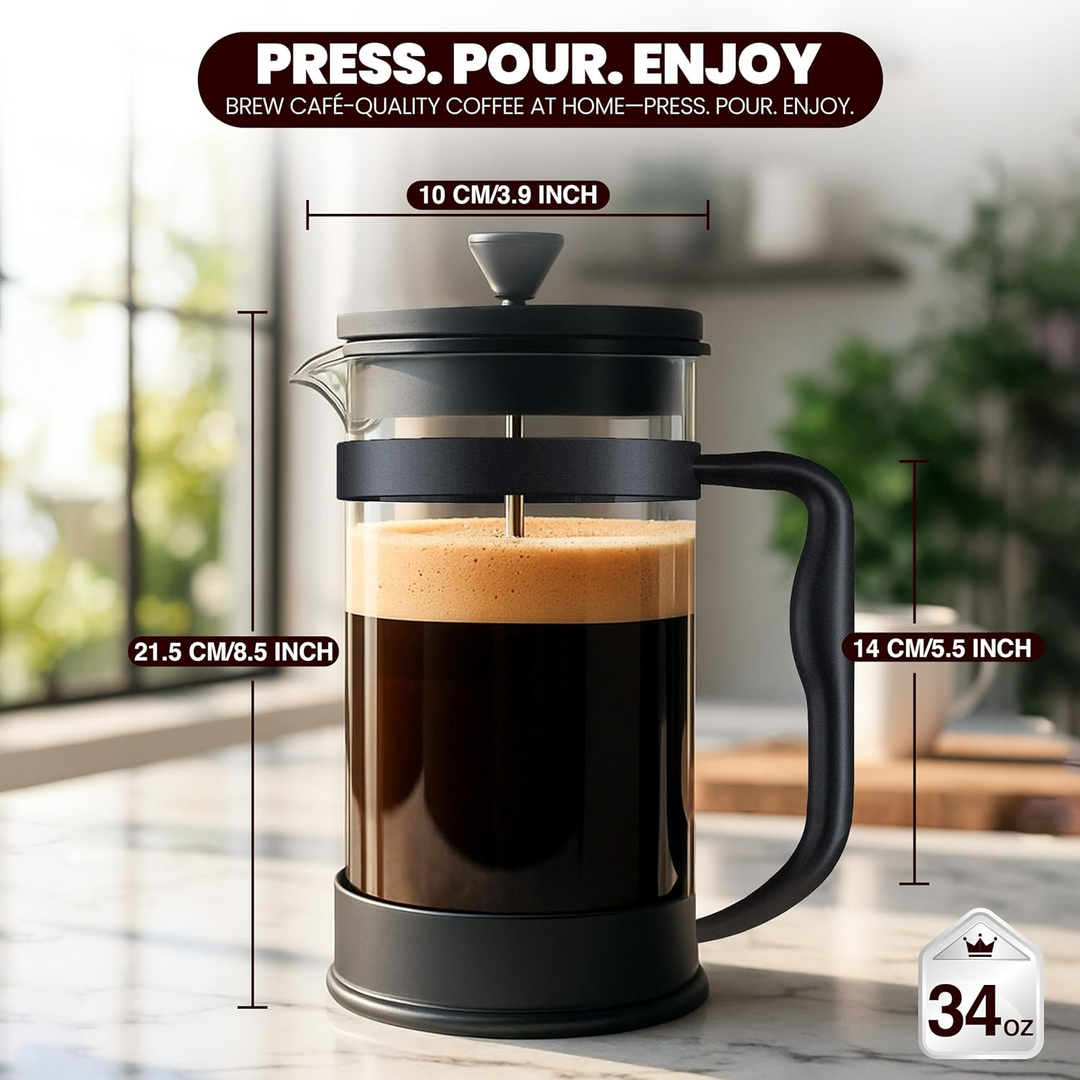 34oz Borosilicate Glass French Press Coffee & Tea Maker – Heat-Resistant Cafetiere for Home, Travel & Camping