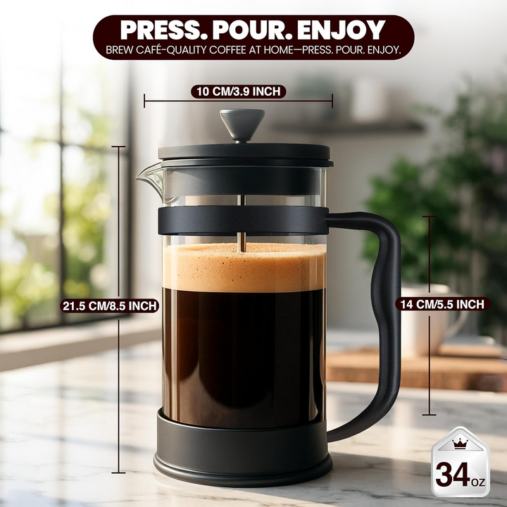 34oz Borosilicate Glass French Press Coffee & Tea Maker – Heat-Resistant Cafetiere for Home, Travel & Camping
