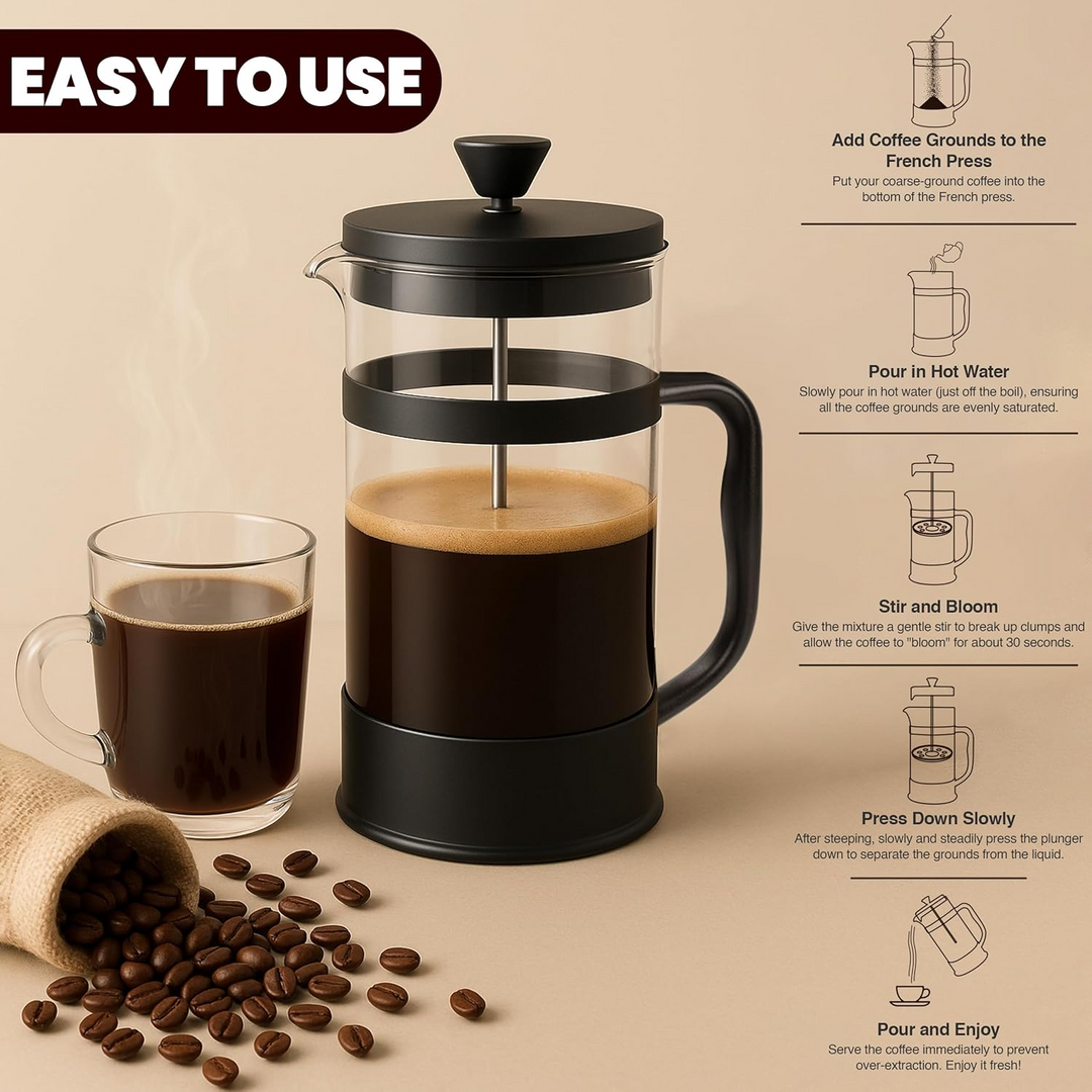 34oz Borosilicate Glass French Press Coffee & Tea Maker – Heat-Resistant Cafetiere for Home, Travel & Camping