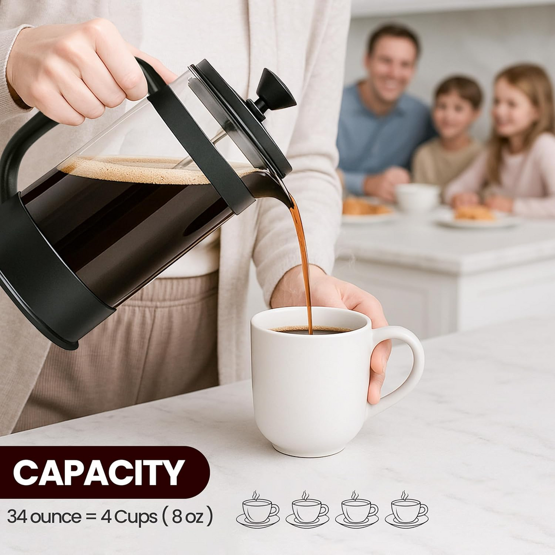 34oz Borosilicate Glass French Press Coffee & Tea Maker – Heat-Resistant Cafetiere for Home, Travel & Camping