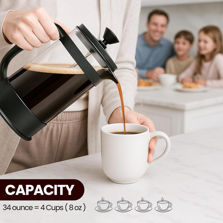 34oz Borosilicate Glass French Press Coffee & Tea Maker – Heat-Resistant Cafetiere for Home, Travel & Camping