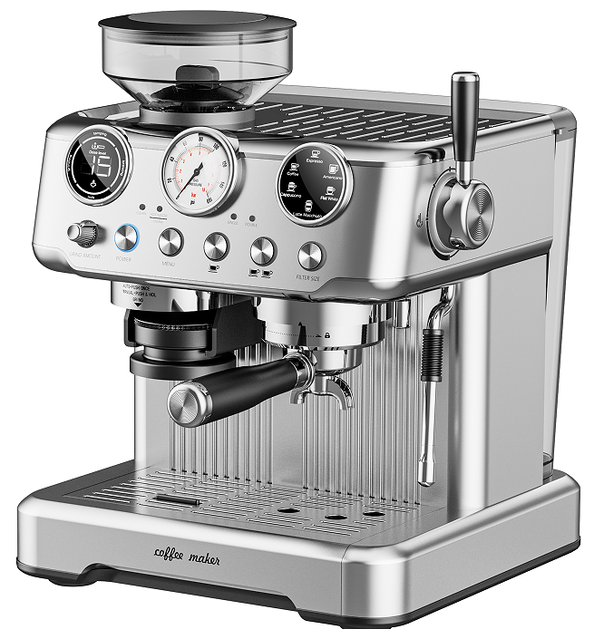 19-Bar Automatic Stainless Steel Espresso Machine with Built-In Grinder & Milk System for Home and Commercial Use