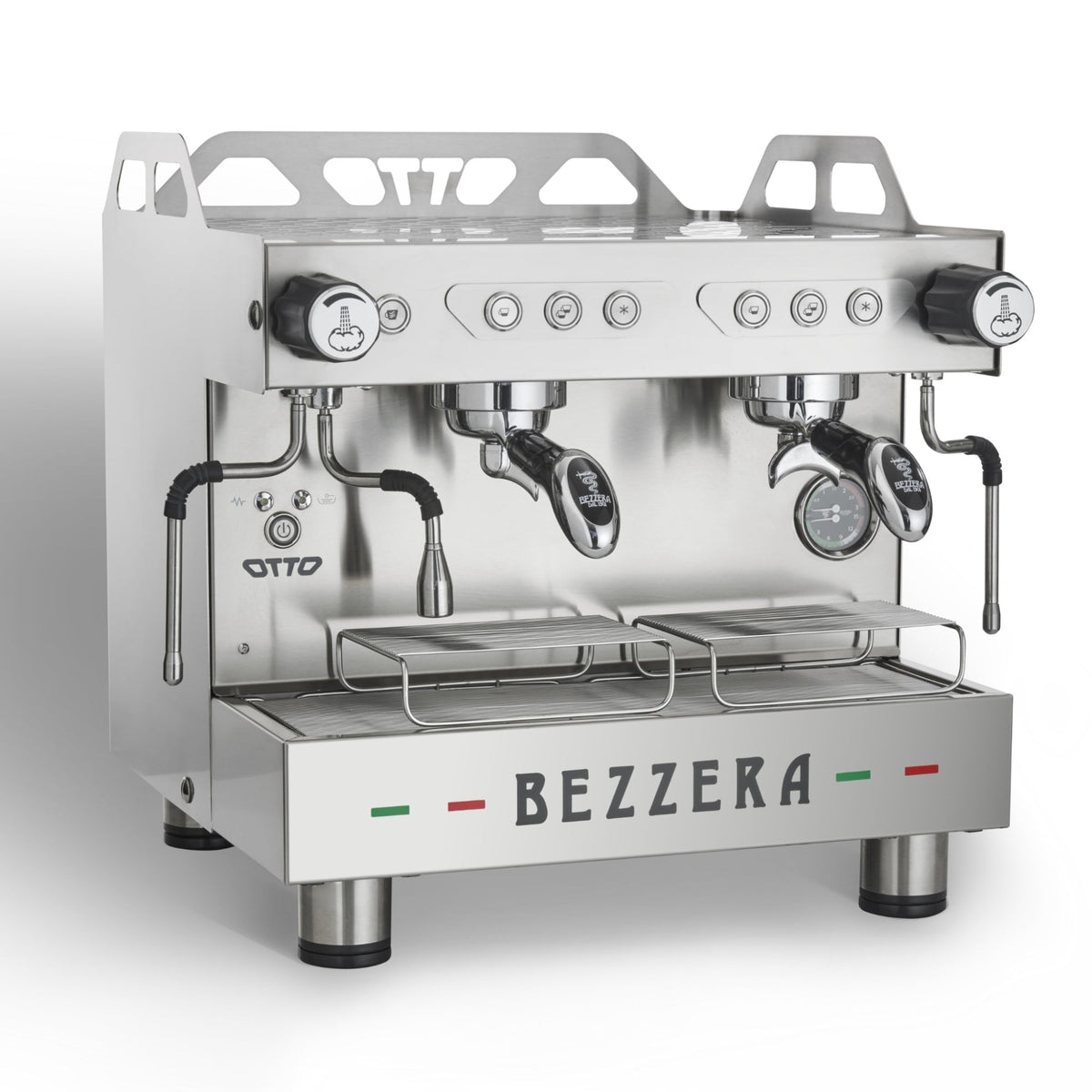 Bezzera Otto 2 group compact commercial espresso machine, stainless steel, front view, SKU OTTOCDE2IS4